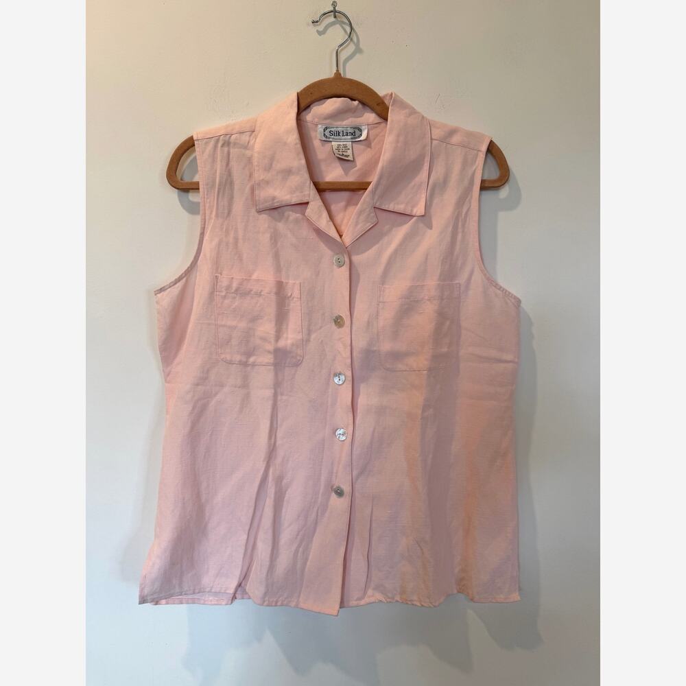 Vtg Silk Land Silk Linen Blend Sleeveless button up top L peach pink cottagecore